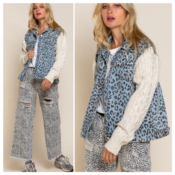 POL Jackets & Blazers - POL Snow Leopard Denim & Cable Knit Jacket